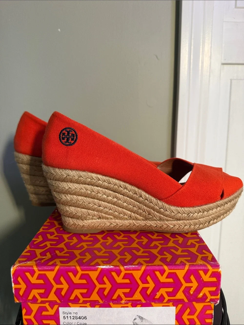 Tory Burch Flame Red Espadrille Wedge Peep-Toe
